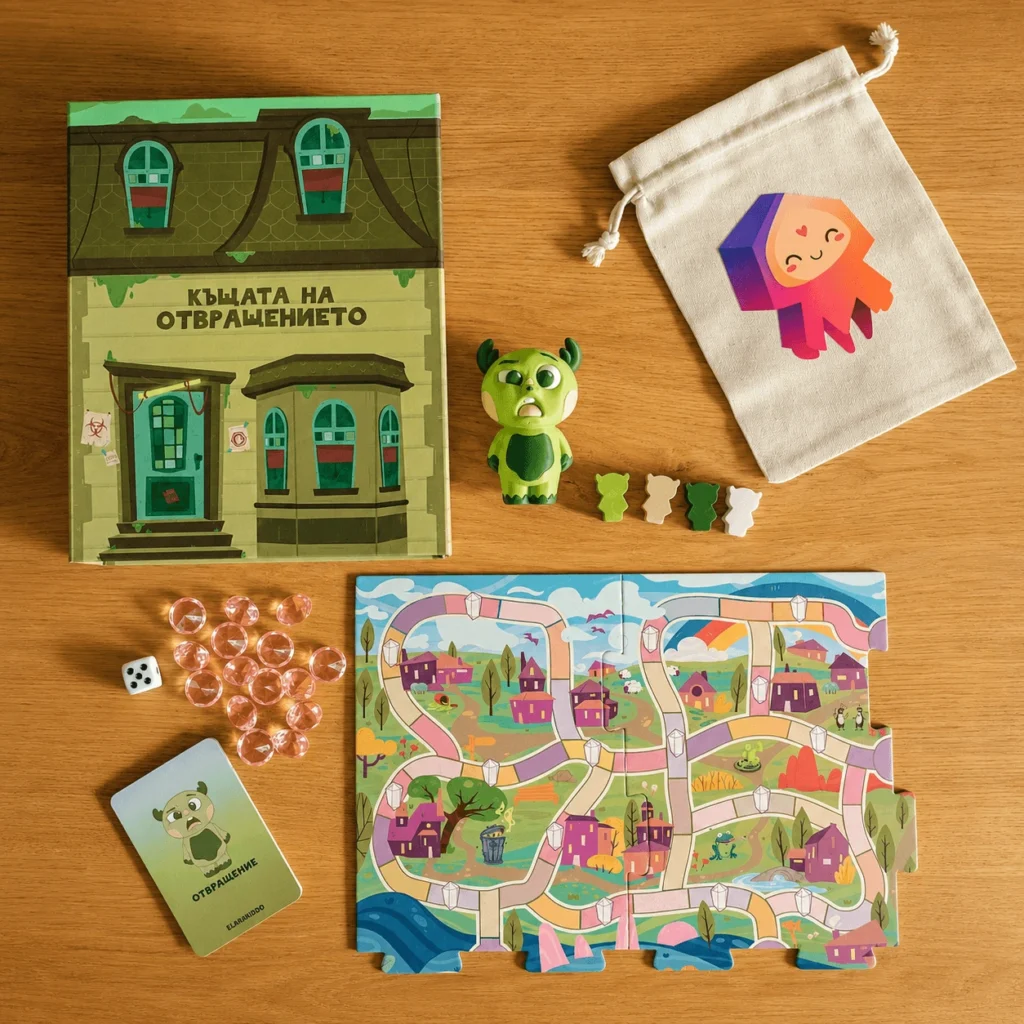 Настолна игра „Къщата на Отвращението“ от ElaraKiddo с кутия, игрално поле, фигурка, карти, кристали и пионки.