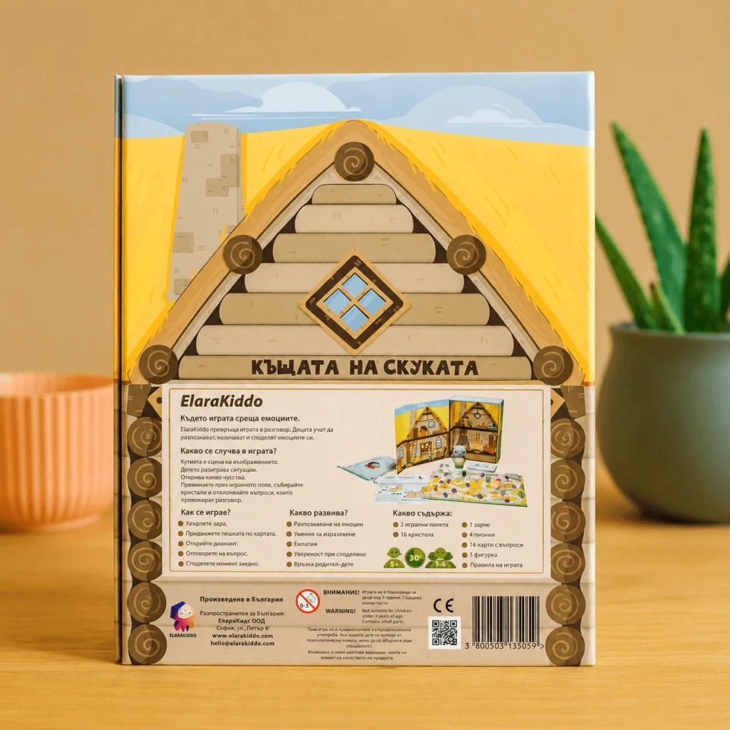 Задна страна на настолната игра „Къщата на скуката“ с описание на играта, съдържание и ползи за развитието на детето.