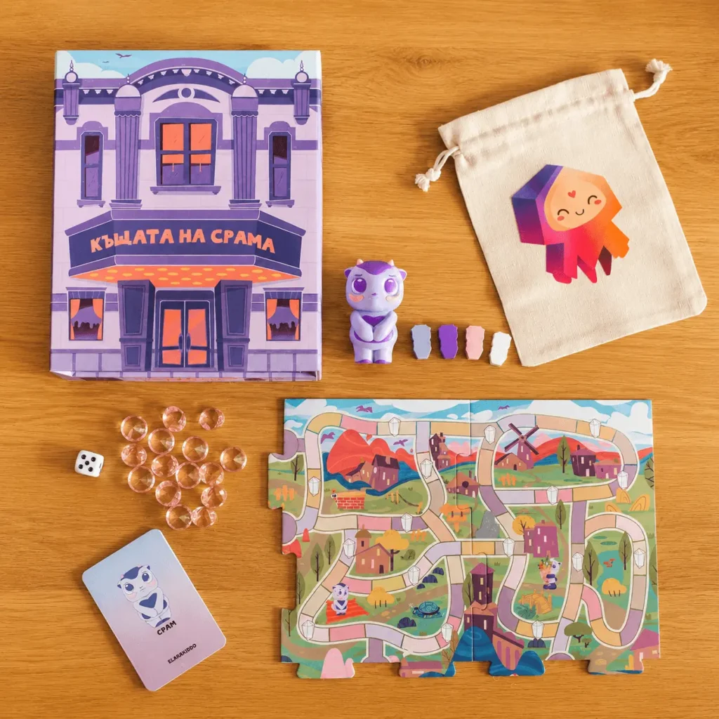 Пълен комплект на играта „Къщата на срама“ - игрално поле, фигурка, карти, зарче, кристали и торбичка за развитие на емоционална интелигентност