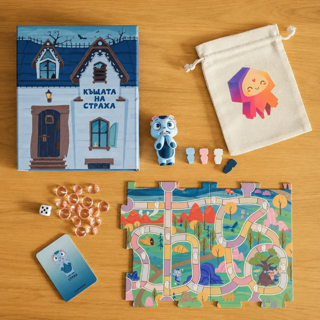 Всички компоненти на играта Къщата на страха - игрално поле, карти, фигурки, кристали и зарче